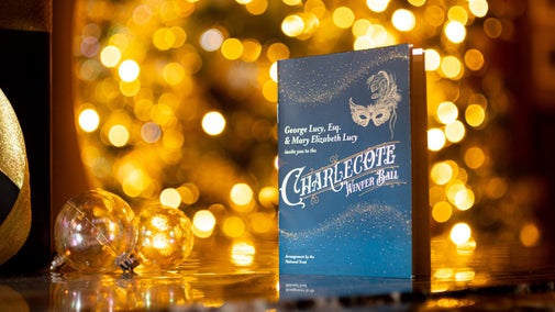 A Christmas party invitation stands in front of a sparkling Christmas tree